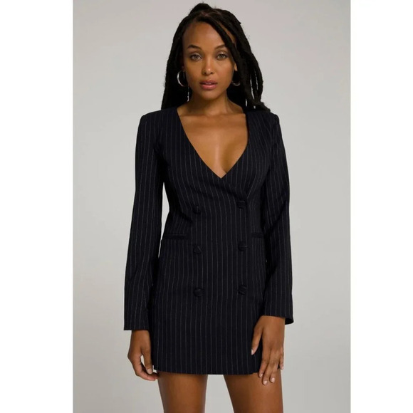 Good American NWT Navy & White Pinstripe Collarless Boss Blazer Dress Size 0 - Picture 5 of 12